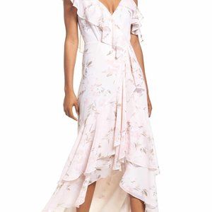 WAYF Elanor Ruffle Faux Wrap Maxi Dress in Blush Pink Floral - S